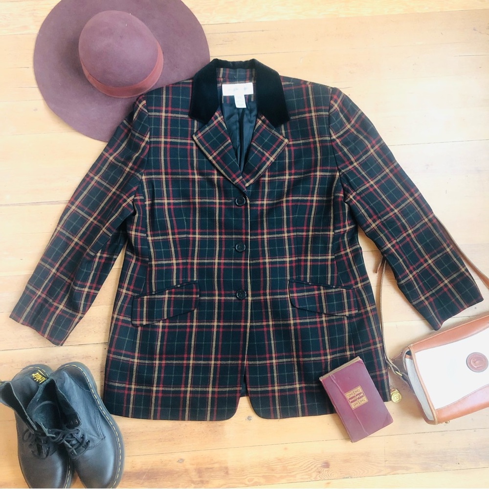 Vintage Jones New York Wool Black Plaid Velvet Collar Blazer Jacket Sz 16 USA